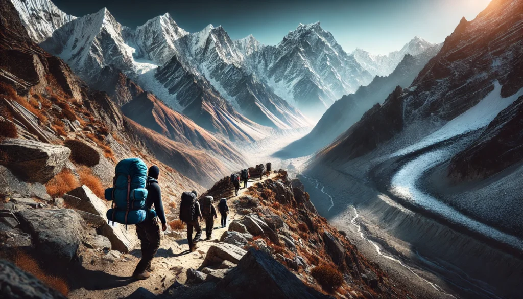 A breathtaking scene in the Himalayas designed for a blog cover, focusing on microadventures and exploration. The image shows a group of trekkers