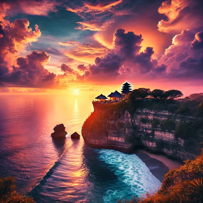 A breathtaking sunset over Uluwatu Temple in Bali, with the temple perched on a cliff overlooking the ocean. The sky is filled with vibrant hues of or