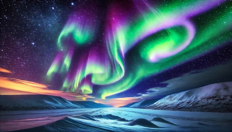 A breathtaking view of the vibrant Northern Lights dancing across a clear, starry Arctic sky.