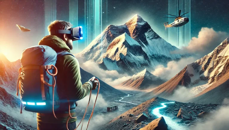 A breathtaking virtual landscape combining elements of Mount Everest with a high-tech virtual reality experience