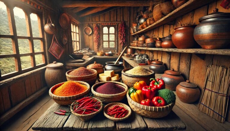 A traditional Bhutanese kitchen scene, featuring vibrant ingredients such as chilies, red rice, and yak cheese