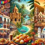 A vibrant and diverse landscape showcasing five underrated food destinations around the world. From left to right_ Oaxaca, Mexico with a colorful mark