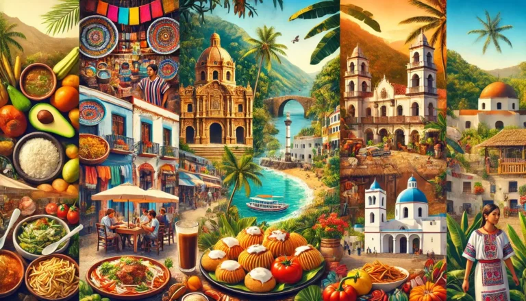 A vibrant and diverse landscape showcasing five underrated food destinations around the world. From left to right_ Oaxaca, Mexico with a colorful mark