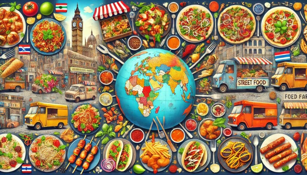 A vibrant collage-style image featuring street food from around the world with a map of the world at the center