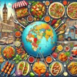 A vibrant collage-style image featuring street food from around the world with a map of the world at the center