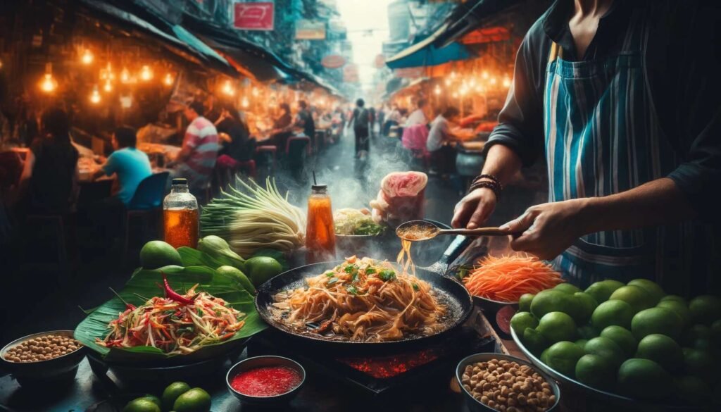 A vibrant street food market scene in Bangkok, Thailand, capturing a close-up of a vendor preparing Pad Thai on a hot skillet