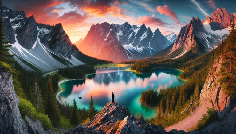 Serene lake surrounded by snow-capped mountains at sunset, with a hiker standing on a rocky outcrop, embodying the spirit of adventure and outdoor escapes