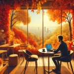 Digital nomad working in a cozy café during autumn, surrounded by vibrant fall colors in a city hotspot