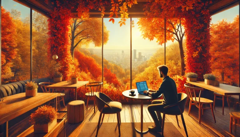 Digital nomad working in a cozy café during autumn, surrounded by vibrant fall colors in a city hotspot