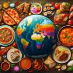 Collage of global dishes like pizza, sushi, tacos, curry, and paella on a world map, representing the origins and evolution of iconic foods around the globe