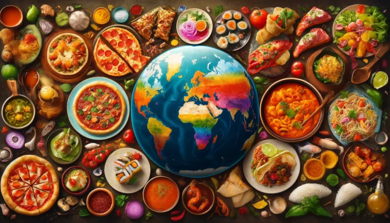 Collage of global dishes like pizza, sushi, tacos, curry, and paella on a world map, representing the origins and evolution of iconic foods around the globe