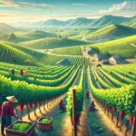 Vineyard during harvest season in an emerging wine region, featuring grapevines and workers picking grapes against a scenic backdrop.