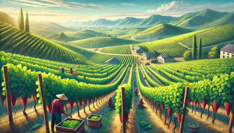 Vineyard during harvest season in an emerging wine region, featuring grapevines and workers picking grapes against a scenic backdrop.