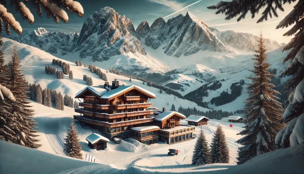 Luxurious alpine lodge in snow-covered mountains during early ski season.