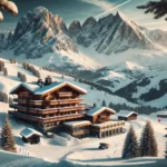 Luxurious alpine lodge in snow-covered mountains during early ski season.