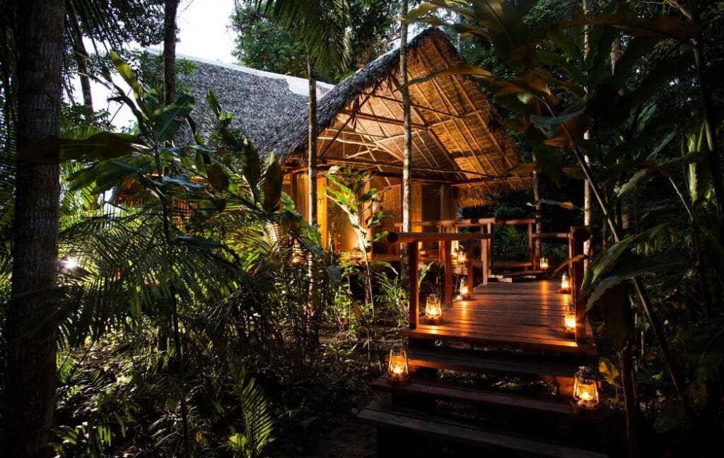 Sustainable eco-lodge in the Amazon rainforest, offering an immersive digital detox travel experience