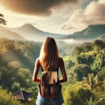 Solo female traveler in Bali, Indonesia, overlooking a lush, mountainous landscape.