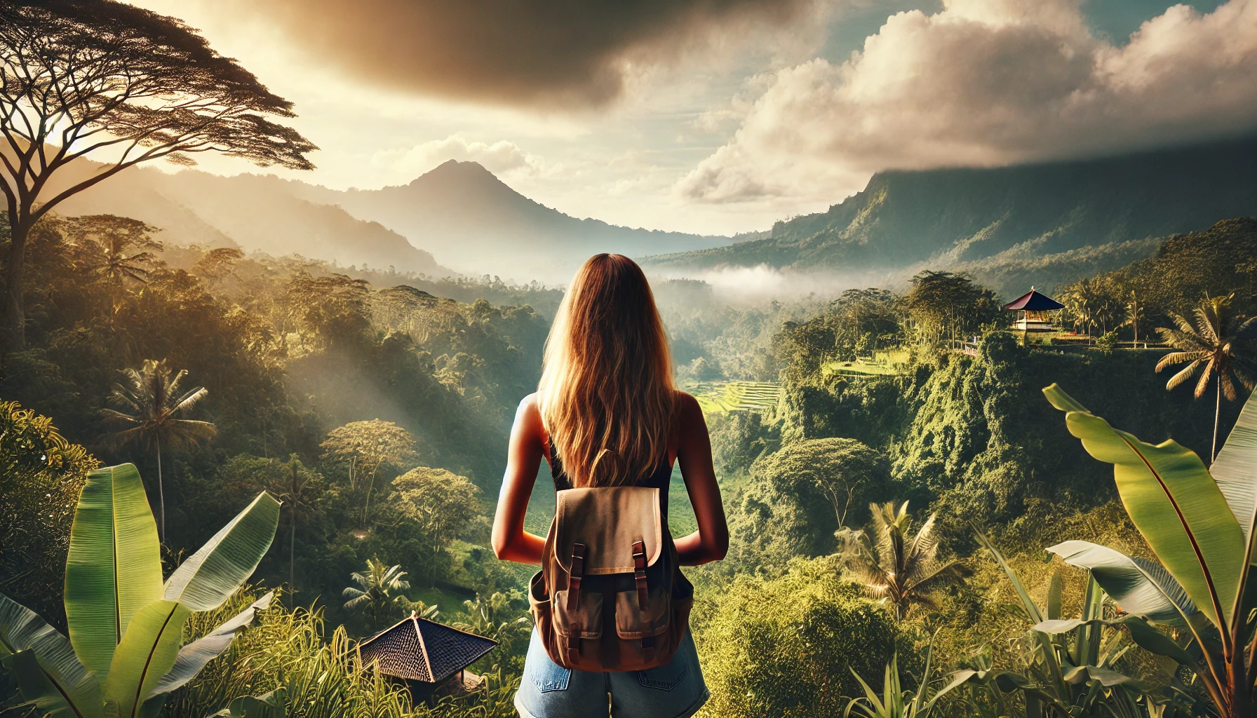 Solo female traveler in Bali, Indonesia, overlooking a lush, mountainous landscape.