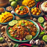 Assorted Thai dishes including vegetarian Pad Thai, Massaman curry, and mango sticky rice, representing diverse dietary options in Thailand.