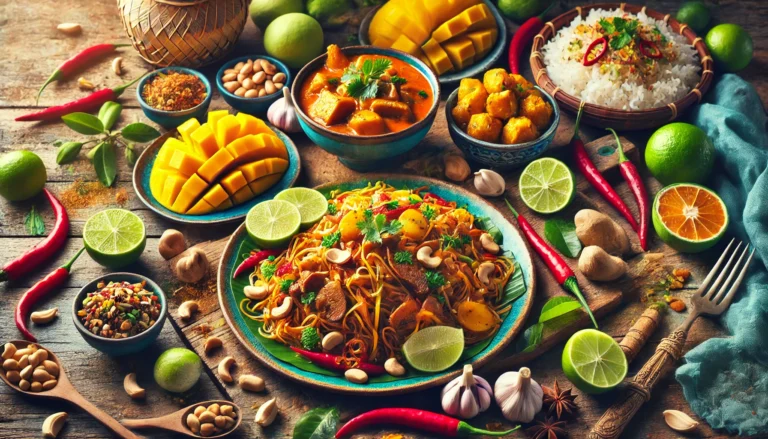 Assorted Thai dishes including vegetarian Pad Thai, Massaman curry, and mango sticky rice, representing diverse dietary options in Thailand.