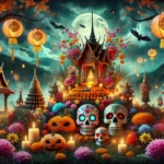 Global Halloween Traditions: Day of the Dead altar with marigolds, Thai ghost masks, and Japanese lanterns, symbolizing worldwide autumn festivals honoring spirits