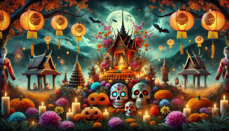 Global Halloween Traditions: Day of the Dead altar with marigolds, Thai ghost masks, and Japanese lanterns, symbolizing worldwide autumn festivals honoring spirits