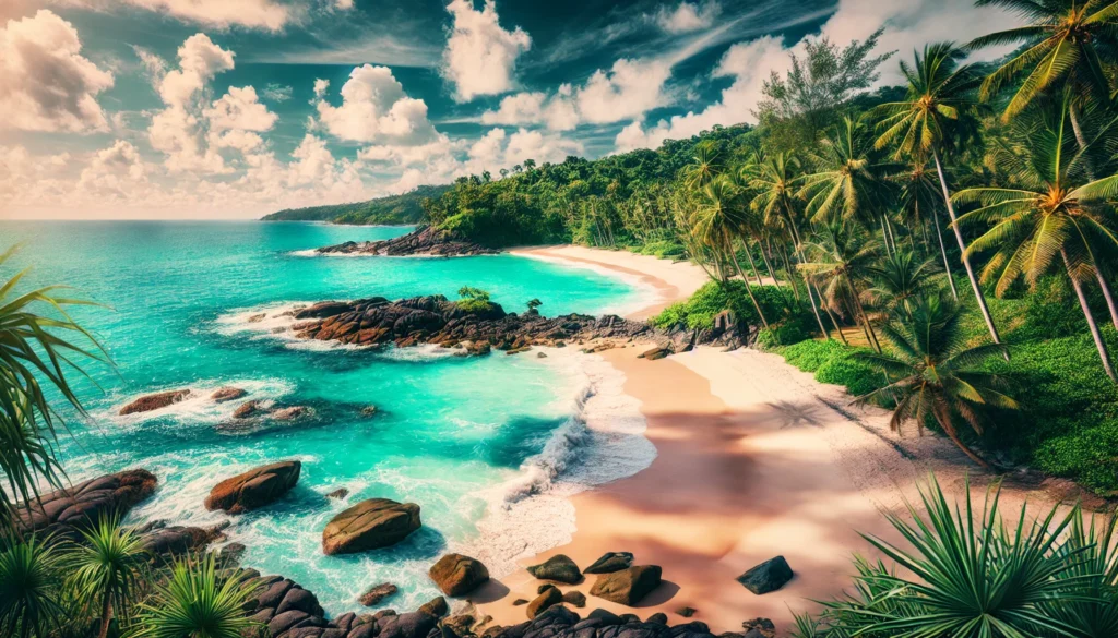 Hidden beach in Phuket, Thailand with turquoise waters, white sand, and lush greenery under a clear blue sky