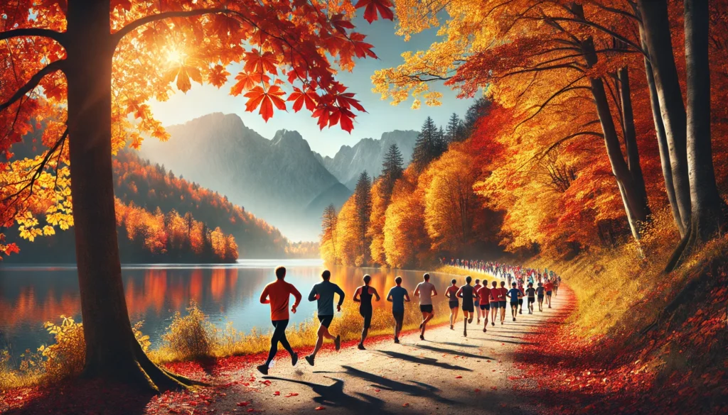 Runners on a scenic fall marathon route surrounded by vibrant autumn foliage, highlighting the beauty of fall marathons