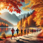 Runners on a scenic fall marathon route surrounded by vibrant autumn foliage, highlighting the beauty of fall marathons